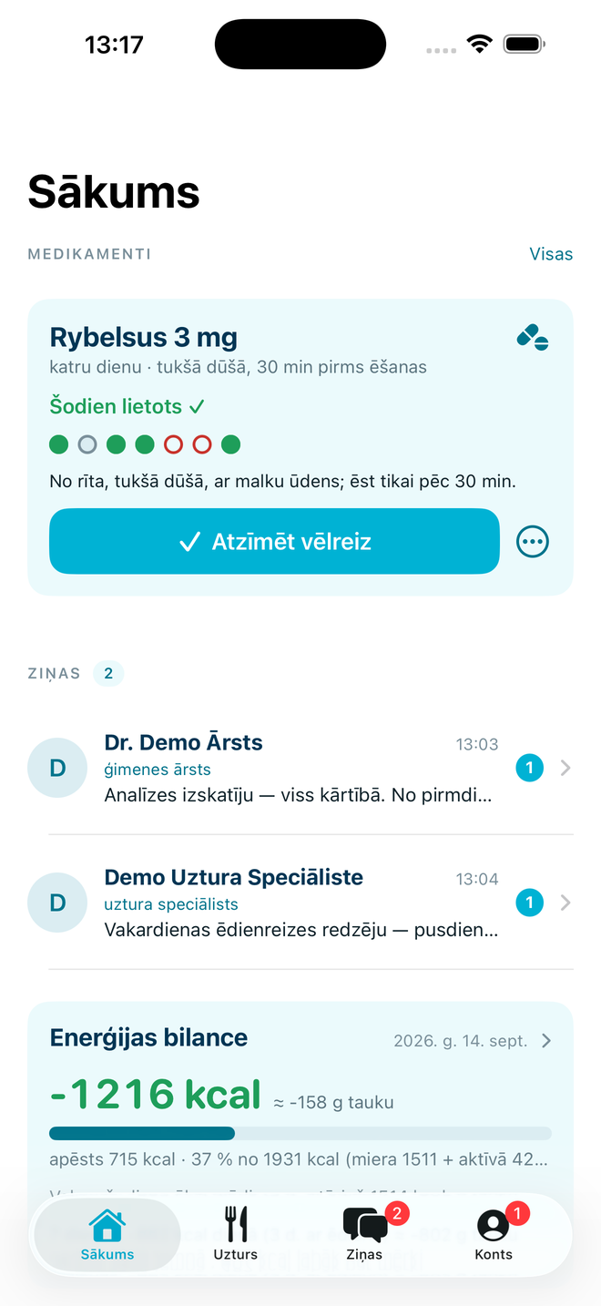 Previva aplikācijas sākuma ekrāns ar parauga datiem